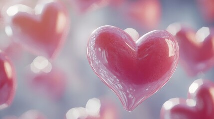 Fototapeta premium floating pink hearts background, soft gradient bokeh effect, ethereal dreamy atmosphere, romantic scattered hearts, delicate transparency, pastel color palette, abstract love pattern, gentle blurred