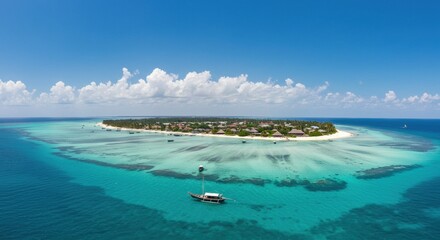 An idyllic Zanzibar beach lined with swaying palm trees and crystal-clear turquoise waters, capturing the essence of a tropical paradise. Perfect for travel, relaxation, and exotic destination themes