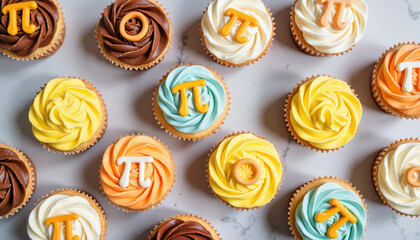 Top view of a table filled with Pi Day cupcakes in various flavors and frosting types, creatively topped with Pi symbols in a bright and cheerful arrangement