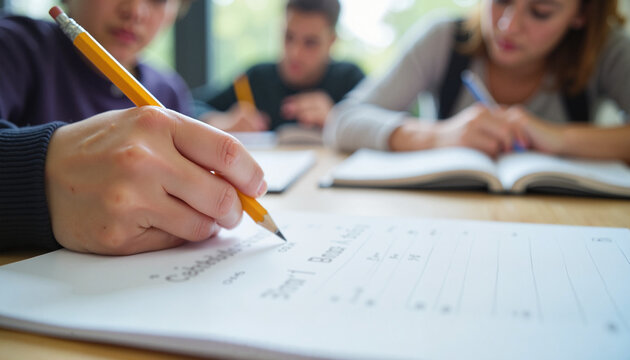 Close-up of a student’s hand writing equations in a notebook with a pencil nearby, soft natural lighting, and a blurred background of classmates studying