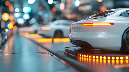 Obraz premium Futuristic charging dock for autonomous vehicles urban environment high-tech concept evening light modern design