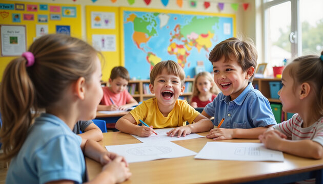 Cheerful elementary school classroom with children laughing while learning, bright posters and study materials on the walls, warm and inviting atmosphere