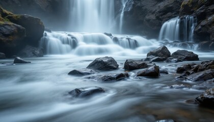 Obraz premium Majestic waterfall cascading over rocky landscape in serene nature scene