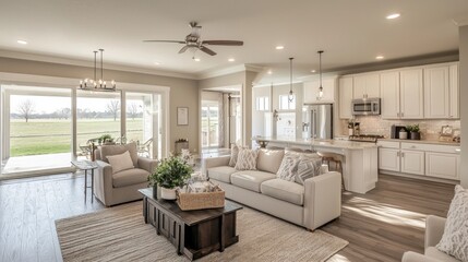 Modern Farmhouse Living Room Design with Open Kitchen and Serene View