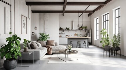 Modern loft apartment living room kitchen sunlight plants (1)