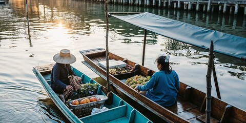 Obraz premium Vendors selling fresh fruits from wooden boats in a scenic riverside market during sunset