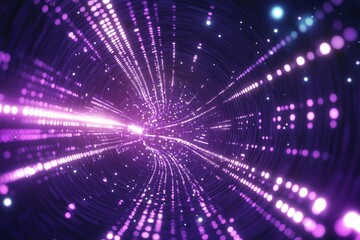 Obraz premium High-speed data tunnel with glowing lines and binary code, symbolizing the fast-paced nature of technology in digital marketing. purple background