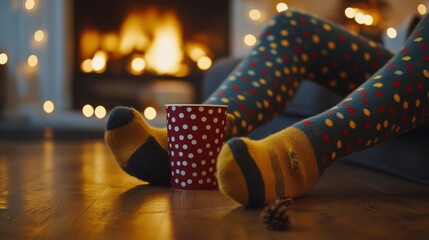 Holiday themed wool socks against roaring fireplace, intricate fair isle pattern, wooden floor texture, soft fairy lights bokeh, red polka dot cup with hot beverage, pine cone accents, warm ambient
