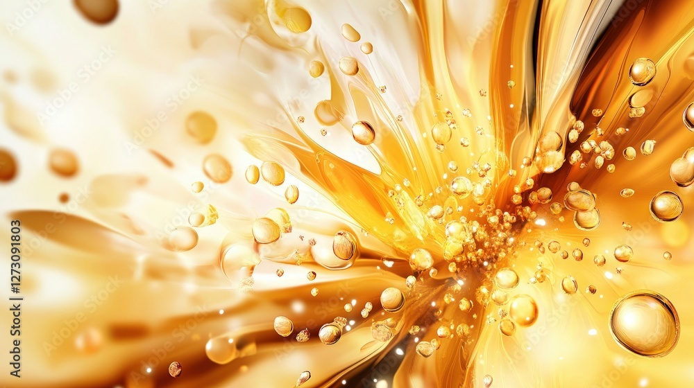 Poster bright abstract background with gold bubbles and liquid swirls