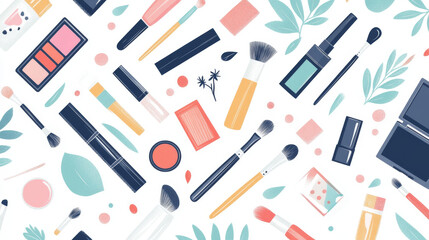A vector illustration showcasing a variety of makeup products and cosmetics arranged on a white background