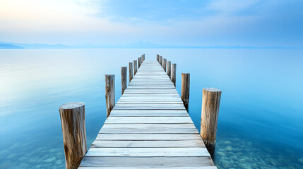 Obraz premium Serene wooden pier extending over tranquil blue water.