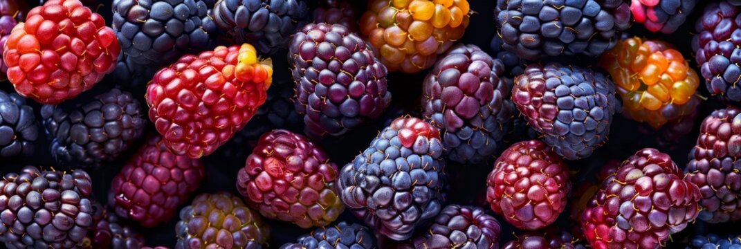 Morus texture background, mulberries fruits pattern, many mul berries mockup, berries banner, black berry