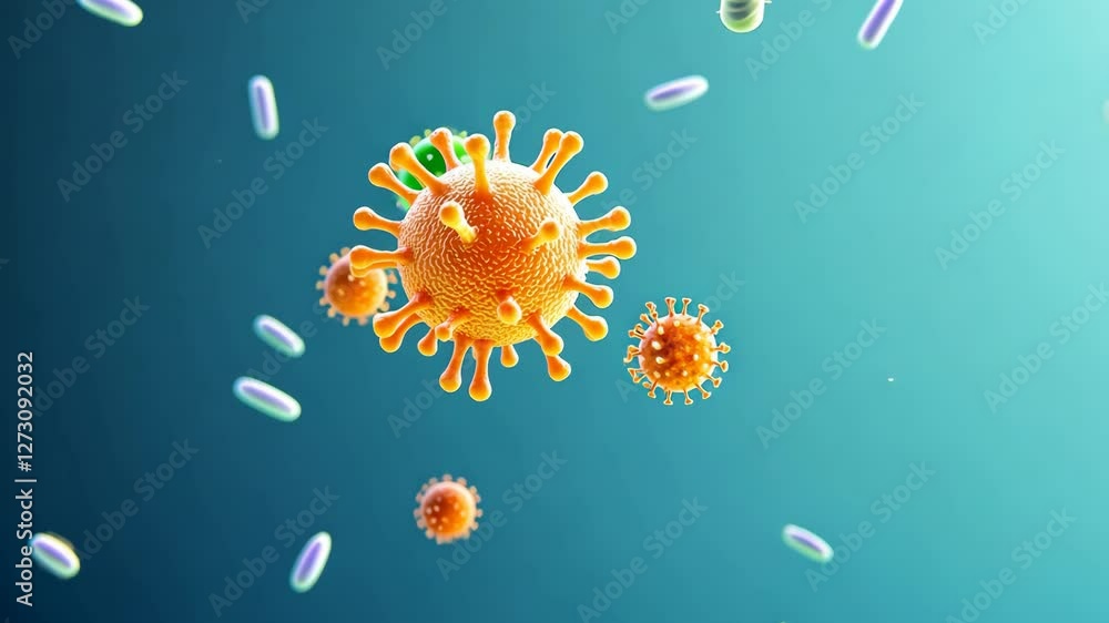 Poster 3d illustration of virus particle with spiky surface in blue background exploring microscopic world 