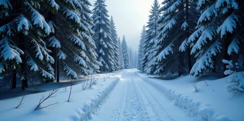 Winding road through snow-covered pine forest, forest, snowy road, forest path
