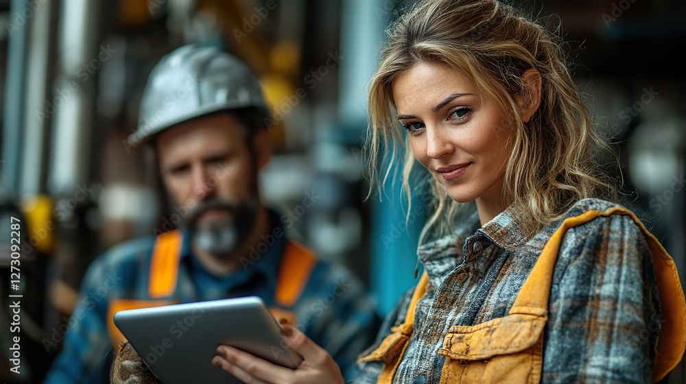Aufkleber woman engineer and construction worker collaborating on building project using tablet device