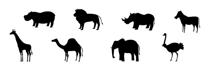 Set of African animal silhouettes in black color, including ostrich, crocodile, lion, camel, rhino, giraffe, elephant, zebra, and hippo. Minimalistic wildlife vector illustrations.