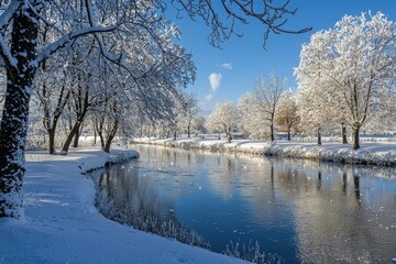Winter christmas landscape with snowy trees and calm winter river