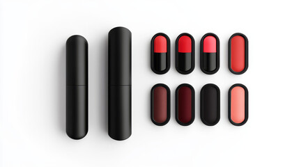 an open and closed version of a black plastic case with matte red lip balm, accompanied by a lipstick color swatch set, all isolated on a white background