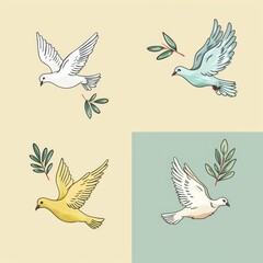 Peace dove icon, pigeons, dove twigs doodle sketched collection. Flying birds silhouettes on white