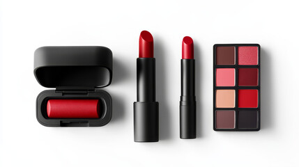 an open and closed version of a black plastic case with matte red lip balm, accompanied by a lipstick color swatch set, all isolated on a white background