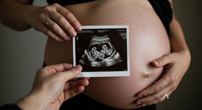 A couple admires an ultrasound image of their twins while celebrating their pregnancy journey