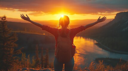 woman standing with arms wide open embracing the sunrise over a mountain landscape basking in the natural beauty and fresh morning air