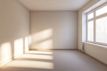 Obraz premium Modern minimalist style, an empty room with a window on the right side of the wall, a beige floor, white walls and ceiling