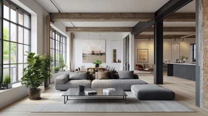 Fototapeta premium Modern loft apartment living room with exposed beams, large windows, and city view
