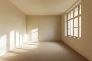 Obraz premium Modern minimalist style, an empty room with a window on the right side of the wall, a beige floor, white walls and ceiling