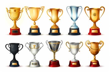 Trophy cups, golden goblet, silver reward, champion bowls. Contest winner award collection, prize cup