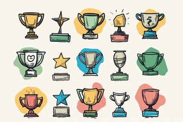 Trophy cups, golden goblet, silver reward, champion bowls. Contest winner award collection, prize cup