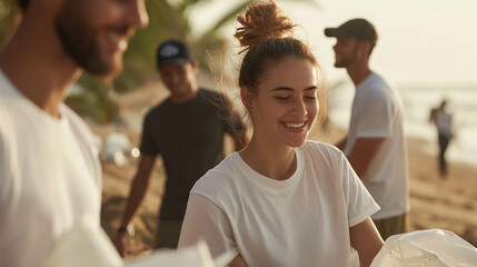 Beach Clean-Up Event with Volunteers Collecting Trash