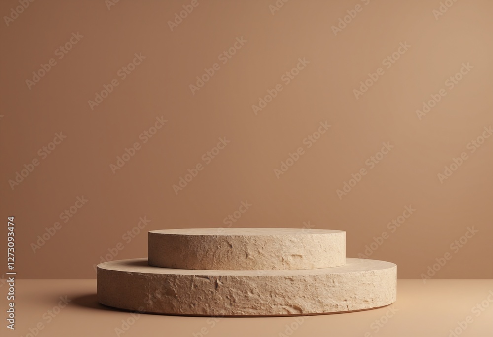 Poster empty brown stone podium, cosmetic display stand on brown background. 3d rendering
