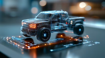 Futuristic electric vehicle design digital truck wireframe showcase concept art high-tech environment 3d visualization innovative technology