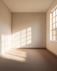 Obraz premium Modern minimalist style, an empty room with a window on the right side of the wall, a beige floor, white walls and ceiling