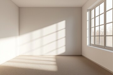 Fototapeta premium Modern minimalist style, an empty room with a window on the right side of the wall, a beige floor, white walls and ceiling