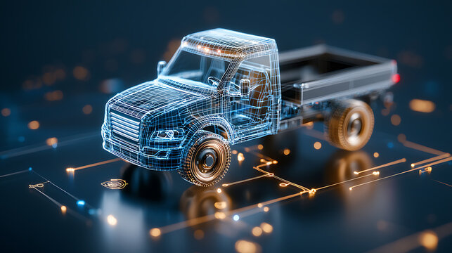 Digital truck wireframe design illuminated in blue 3d visualization technology environment futuristic viewpoint