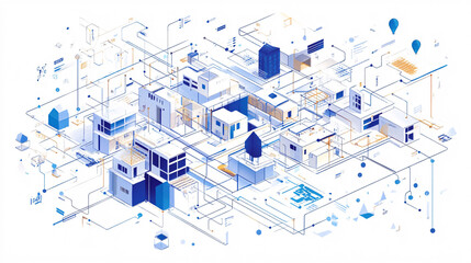 A futuristic isometric city layout with blue digital buildings connected by roads and networks representing smart urban planning and technology
