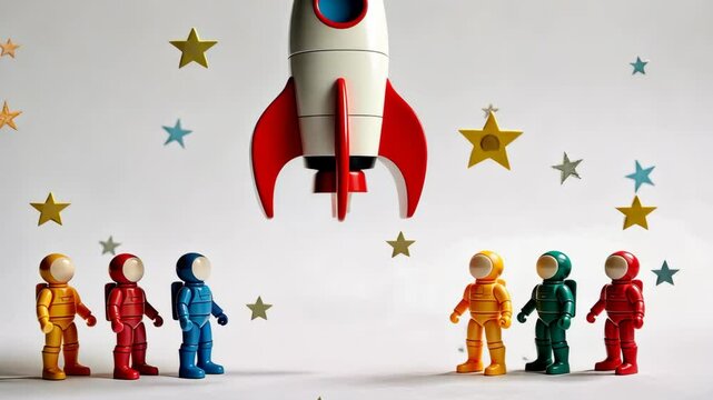 A group of astronauts are standing around a rocket. The rocket is red and white. There are five astronauts in total