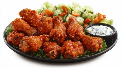 Delicious buffalo wings with fresh vegetable salad and dip.