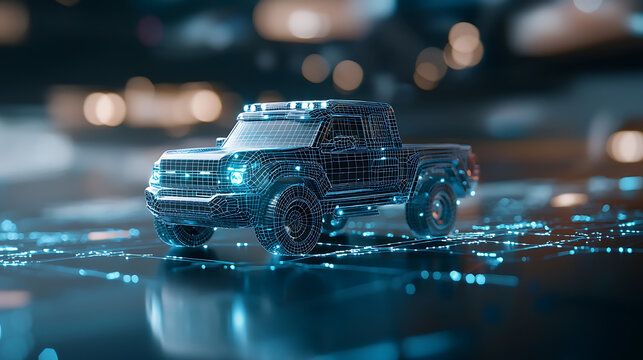 Futuristic digital wireframe truck design virtual environment 3d visualization glowing grid technology concept - Powered by Adobe