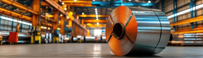 A large steel coil is prominently displayed in a spacious industrial warehouse, showcasing bright lighting and organized storage in the background.