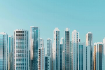 A skyline filled with modern skyscrapers against a bright blue sky, showcasing urban architecture and city life.