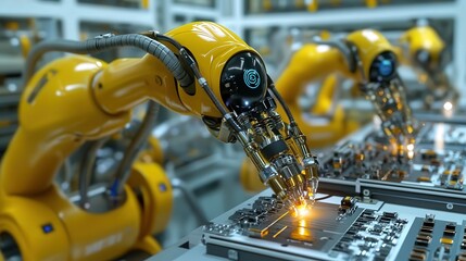 A detailed close-up of robotic micro-welders working on precision aerospace components