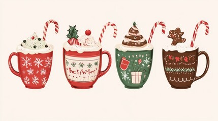 Winter comfort drinks collection, illustrated holiday mugs with detailed toppings, Christmas-themed ceramic cups, decorated with seasonal patterns, candy canes and gingerbread garnish, cartoon vector