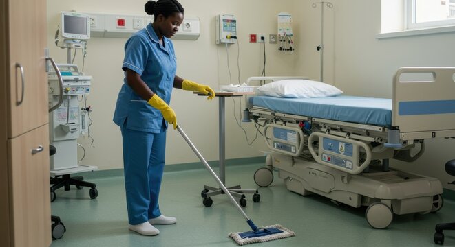 A hospital worker in blue mops the floor, maintaining high hygiene standards