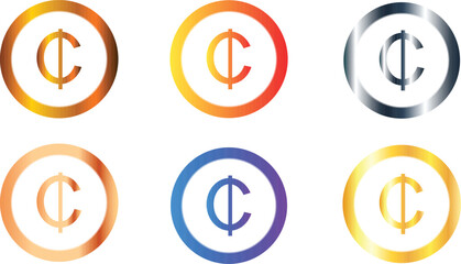 Set of six Ghana currency sign icons logos with golden orange silver and blue colors, Ghanaian cedi