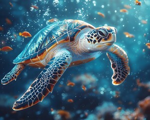 Fototapeta premium Majestic Sea Turtle Swimming Over Colorful Coral Reef Teeming with Marine Life