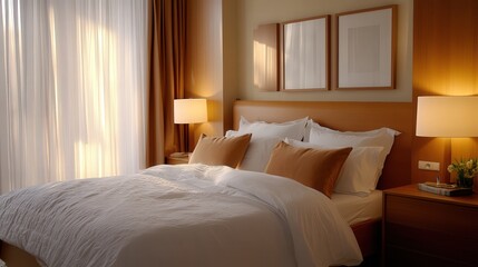 A dreamy and serene bedroom setup with sheer curtains, soft linens, and gentle warm lighting