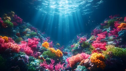 Fototapeta premium Surreal Underwater Coral Reef Ecosystem with Bioluminescent Marine Life